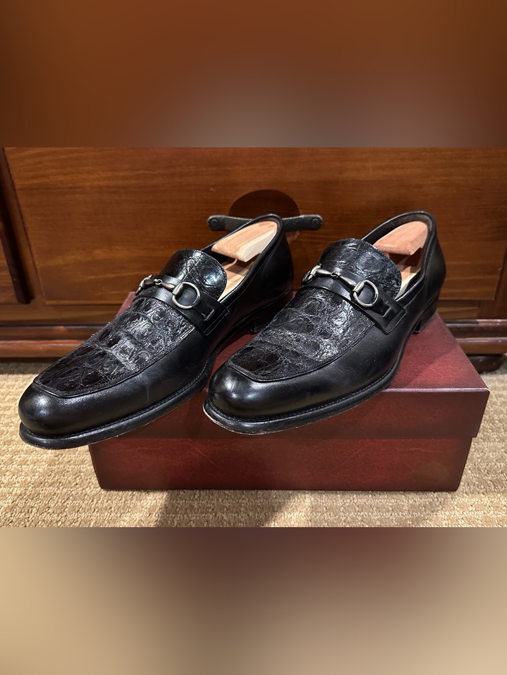 Mezlan Black Leather/GenuineCrocodile Bit Loafers 10.5